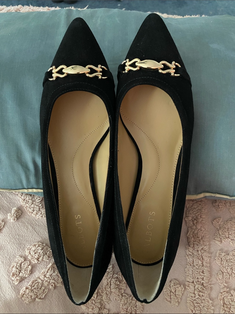 Talbots Black Pointed-Toe Flats with Gold Chain Detail